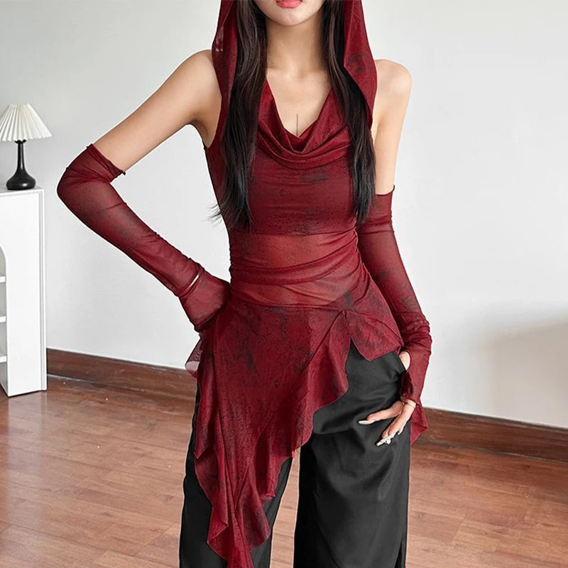

Vintage Gothic Hooded T Shirts Women Sexy See Through Slim Y2K Tees Streetwear Harajuku Ruffles Irregular Tops