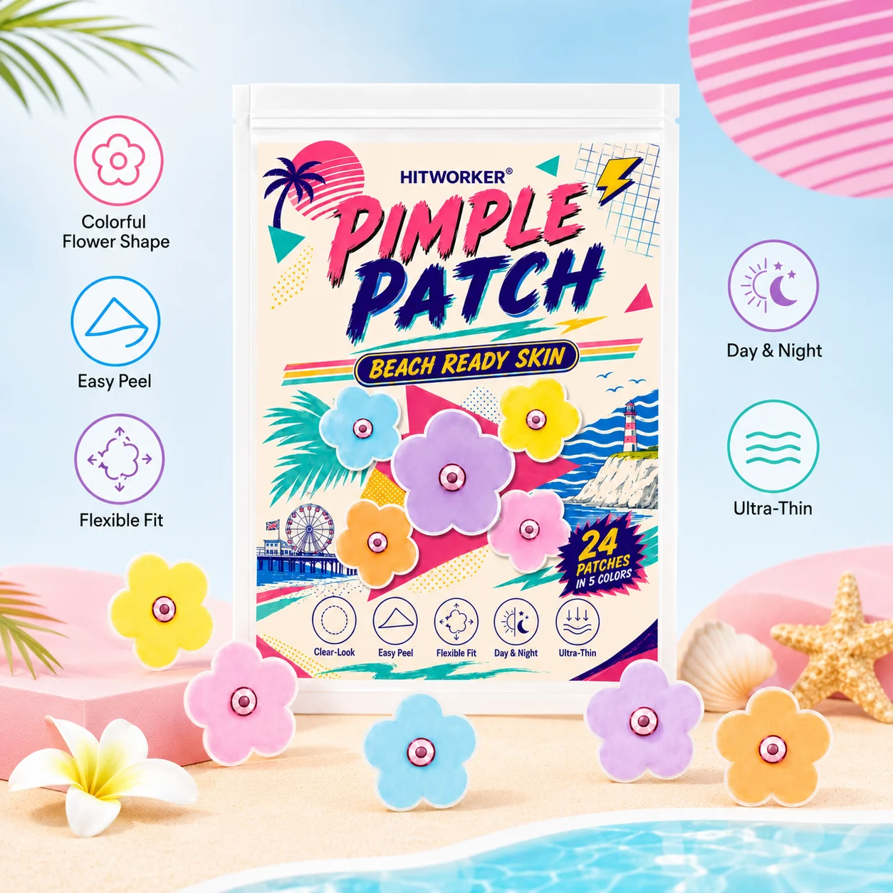 50/150 pcs HITWORKER Flower Pimple Patch, Colorful Flower Shape Patches, 5 Colors, Ultra-Thin Clear-Look Daily Care Stickers view 4