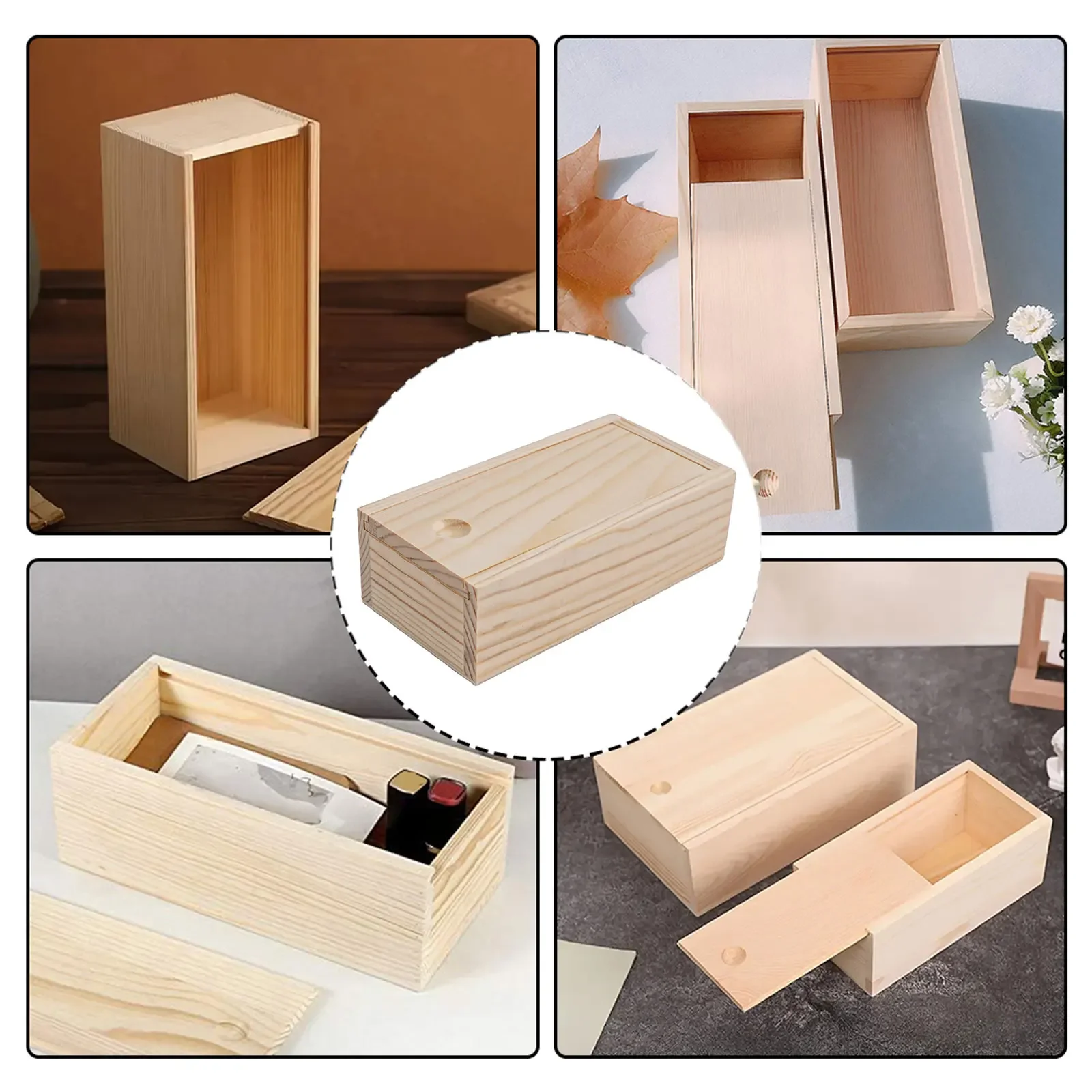 Wooden Storage Box Log Drawer Pine Pull-Out Box Sliding Cover Wood Jewelry Organizer Case Earring Container DIY Rectangle Case