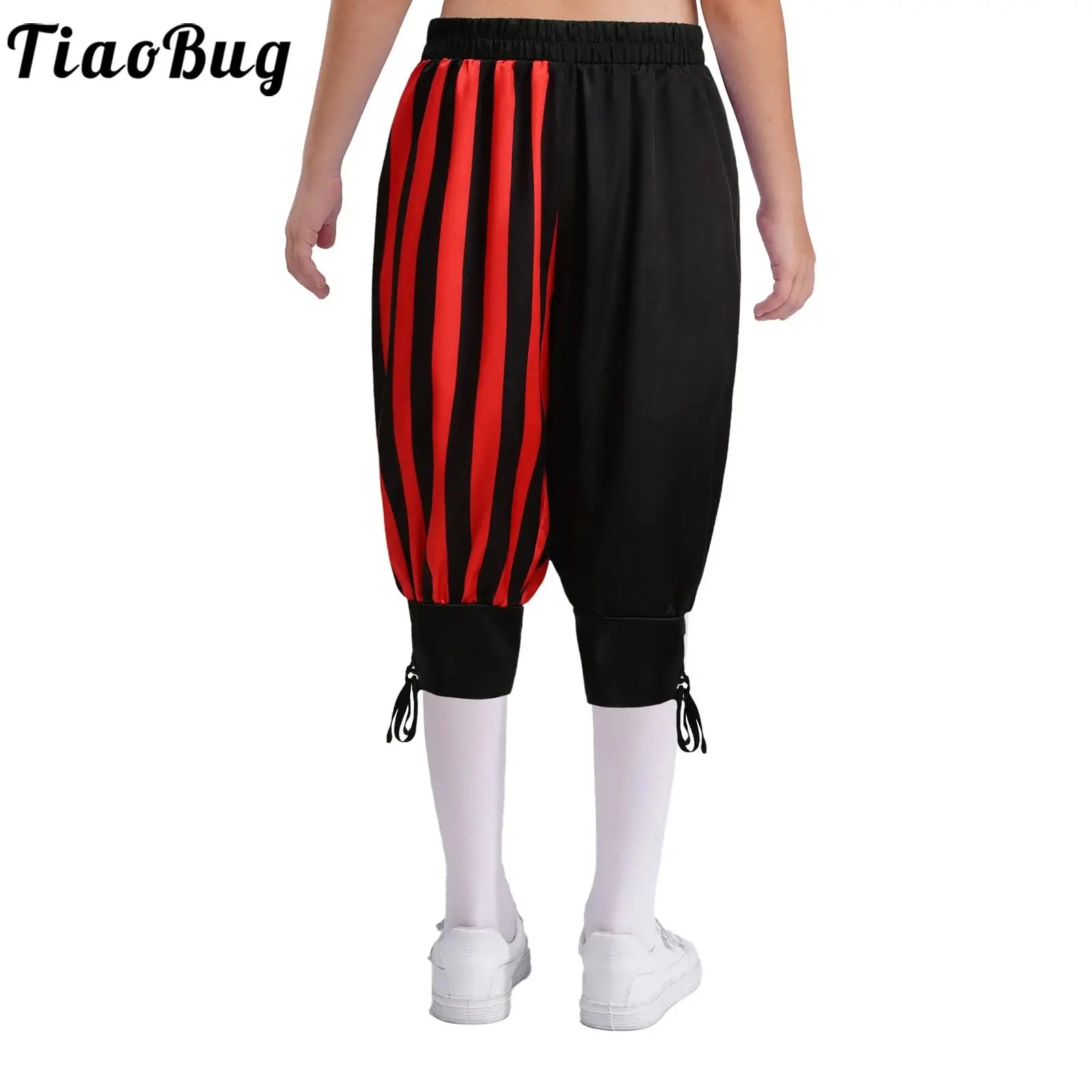 

Boys Medieval Renaissance Pirate Pants Ankle Banded Elastic Waistband Stripes Cropped Pants for Halloween Cosplay Gothic Costume