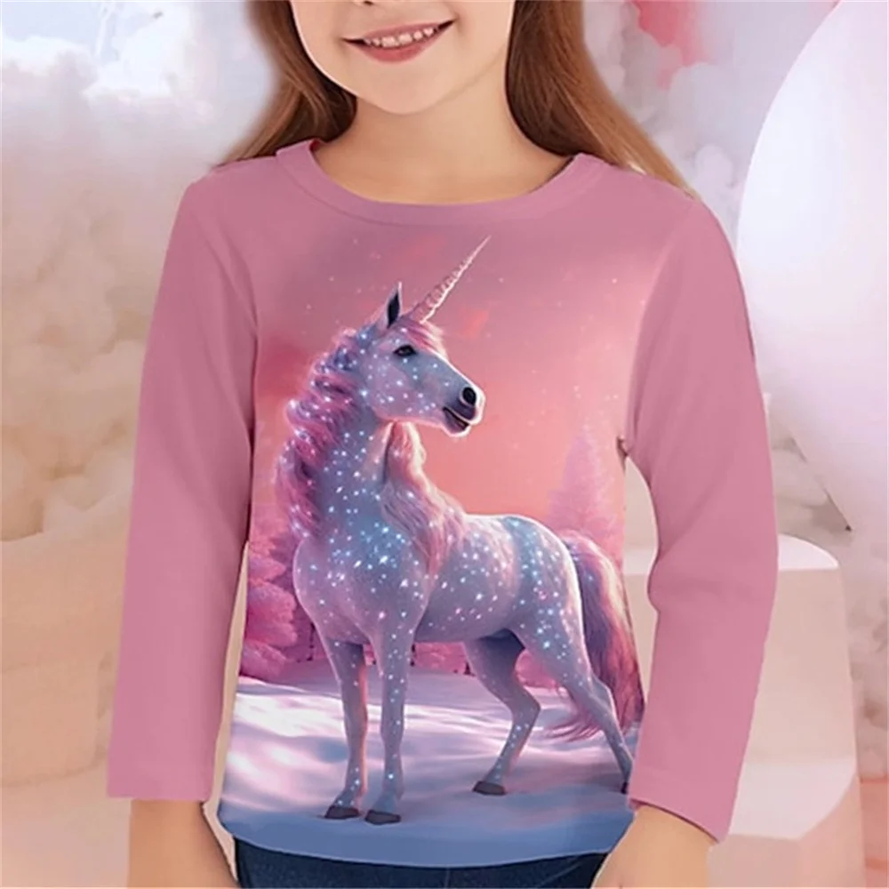 Girl Clothes Horse Graphic T Shirts Children Long Sleeve Top 2024 Girl Summer Child Baby T-Shirt Children\'s Clothing Girls Tees