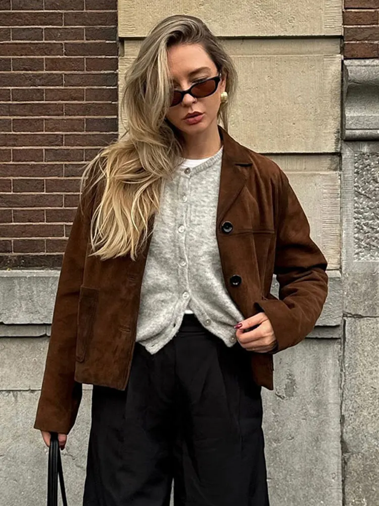 Lapel Single-Breasted Suede Jackets Women Vintage Short Long Sleeved Jacket For Woman Autumn Casual Brown High Street Outwear