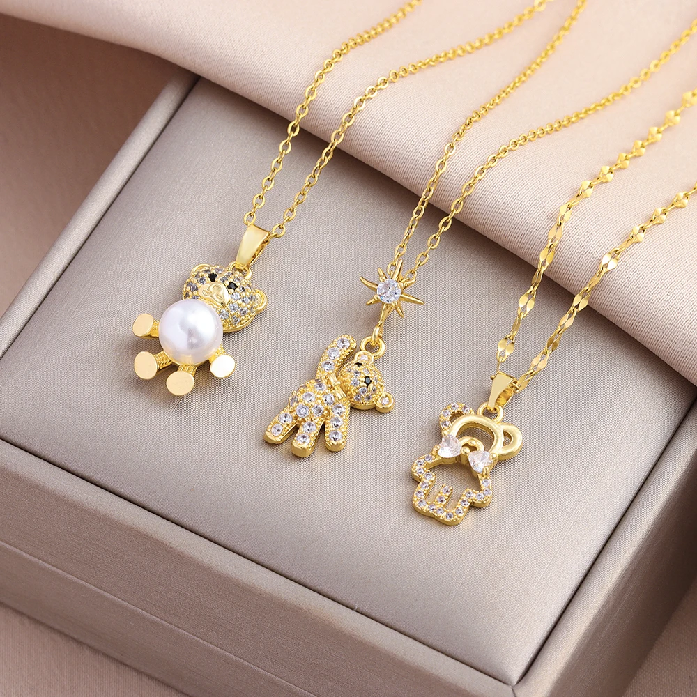 New Lovely Bear Pendant Stainless Steel Necklaces For Women Sweet Cute Female Daily Wear Clavicle Chain Jewelry Girl Party Gift