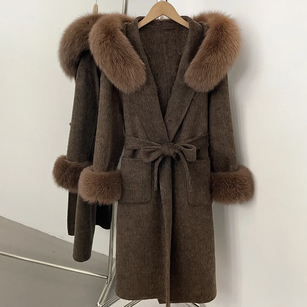 OFTBUY Wollmantel mit Echtfellkragen und Kapuze, Gürtel, 100% Wolle, Damen, Herbst/Winter, Luxus, Lange Kleidung mit Naturfell – Detail 18