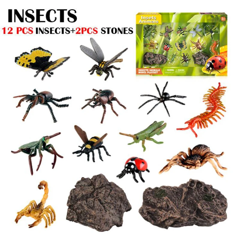 14Pcs Insect Animals Model Butterfly Grasshopper Spider Ladybird Bee Action Figures Figurine Educational Toy For Kids Gifts Box