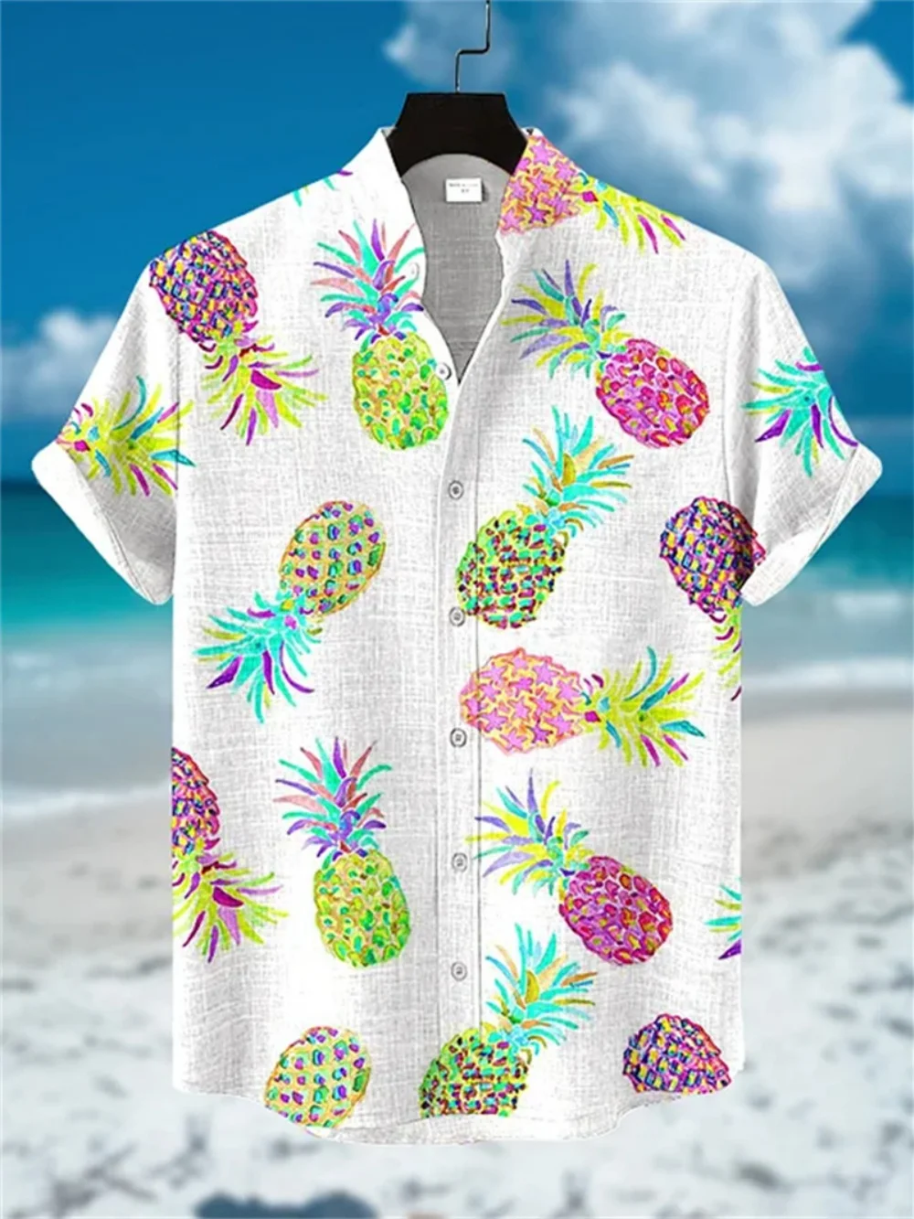 

Men's Fashionable Stand up Collar Short Sleeve Linen Shirt Minimalist Print Hawaiian Casual Vacation Button up Cardigan