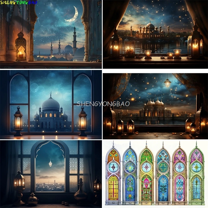 

Arsitecture Ramadan Mubarak Photography Backdrops Kareem Muslim Islamic Moon Night Party Moon Lanterns Mosque Background EI-04