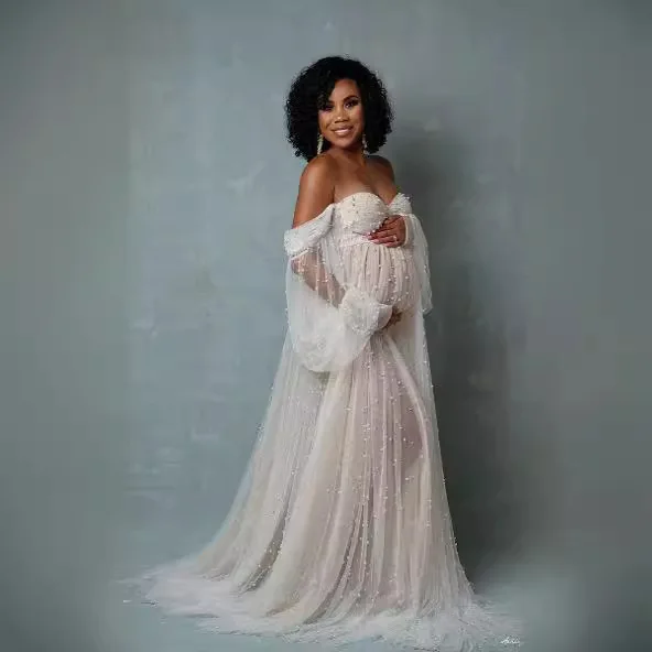 Women's Clothing Splicing Mesh Beads  Pregnant Women Cross-border Dress European and American   Photography Mopping Dress view 2