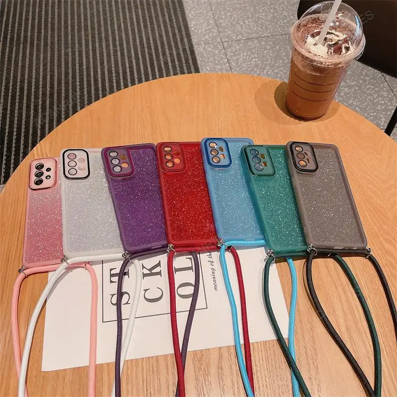 Crossbody Lanyard Glitter Silicone Case For Samsung Galaxy A14 4G 5G A24 A34 A54 A22 A12 A04 A04e A04s A03s Cover A 14 24 34 54