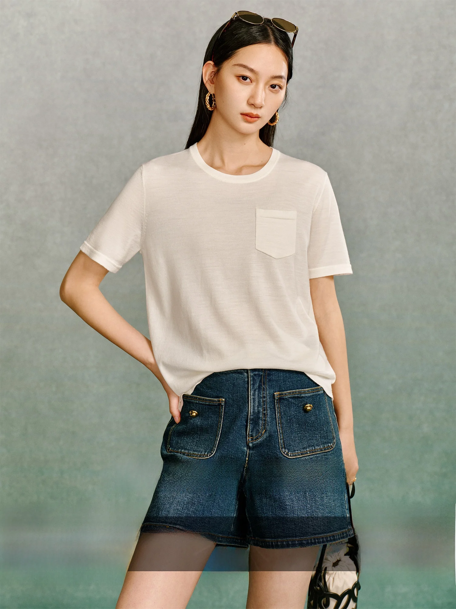 

CA Women's Loose ort Sve T-irt Premium Wool Knitted Base irt Yangzi Yarn Spun Spring Faion Simple Sle