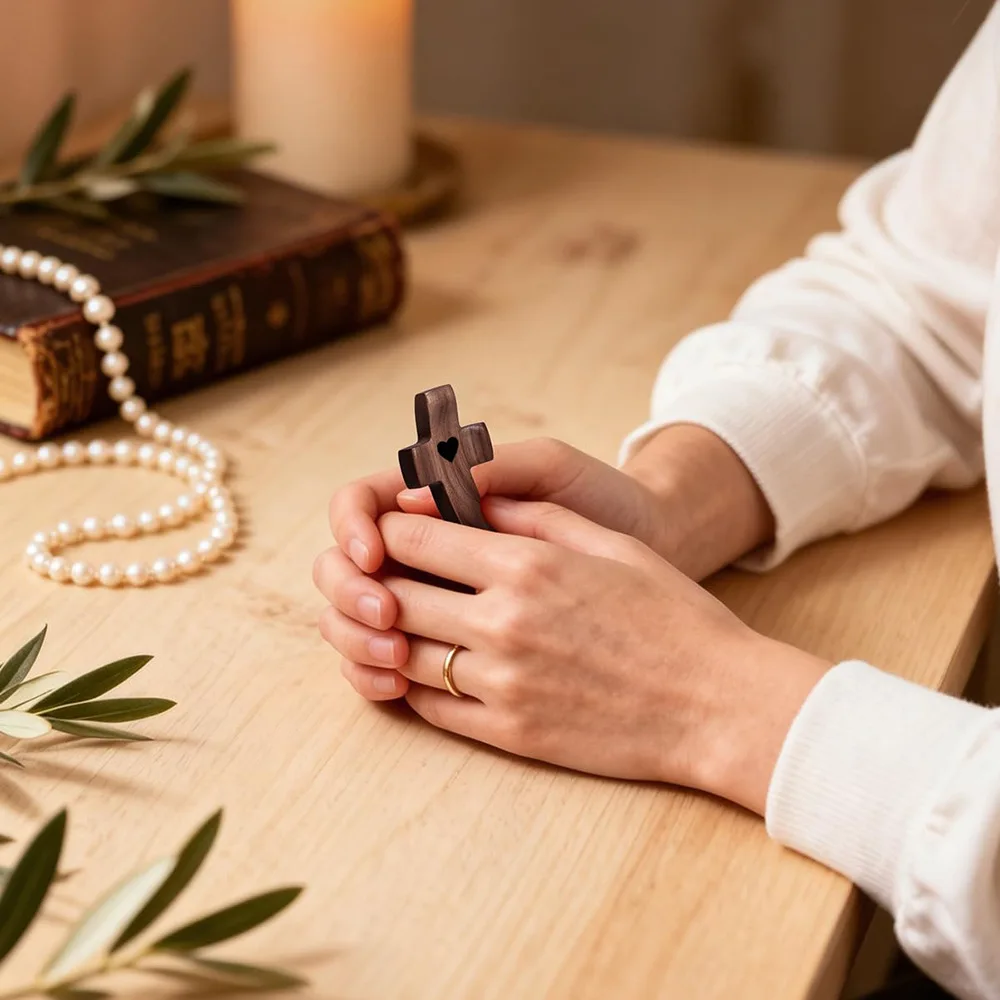 6‑30Sets Wooden Pocket Comfort Crosses Anti‑Stress Hand Cross with Organza Bag Baptism Church Event Giveaway Faith Keepsake Gift