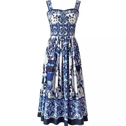 Summer Hoiday Blue And White Porcelain Print Dress Women's Spaghetti Strap Zipper Elastic Backless Floral Print Midi Vestidos