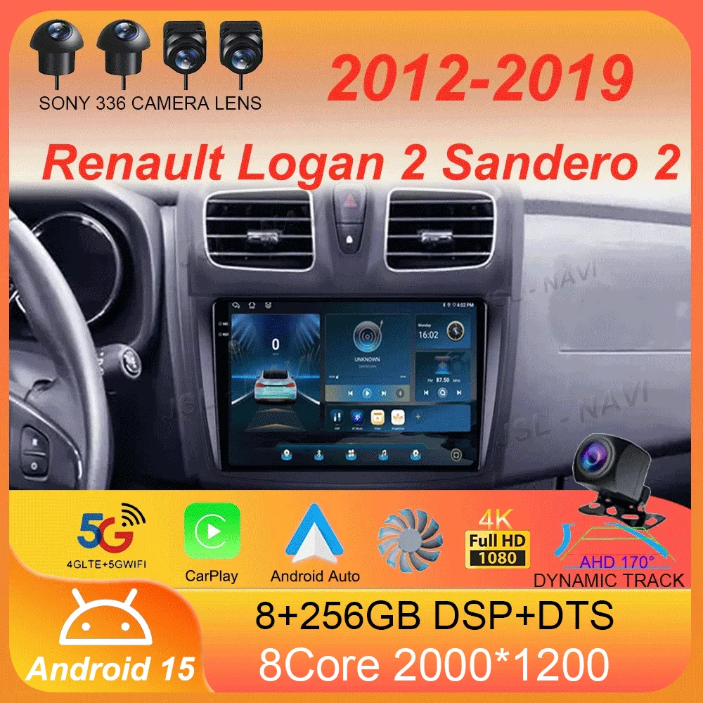 

For Renault Logan 2 Sandero 2 2012-2019 Car Radio Android 15 Carplay Auto 2K Screen Multimedia Player Autoradio Stereo Head Unit