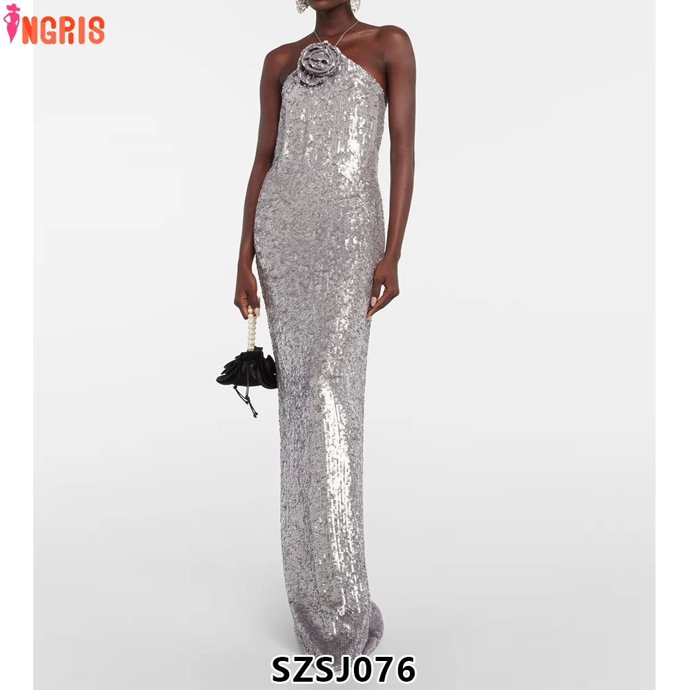 

New Arrivals Dropshipping Hot Fashion and Elegant Bling Bling Silver Sequin Halter Luxury Gown Dress Evening Dress Long-SZSJ076