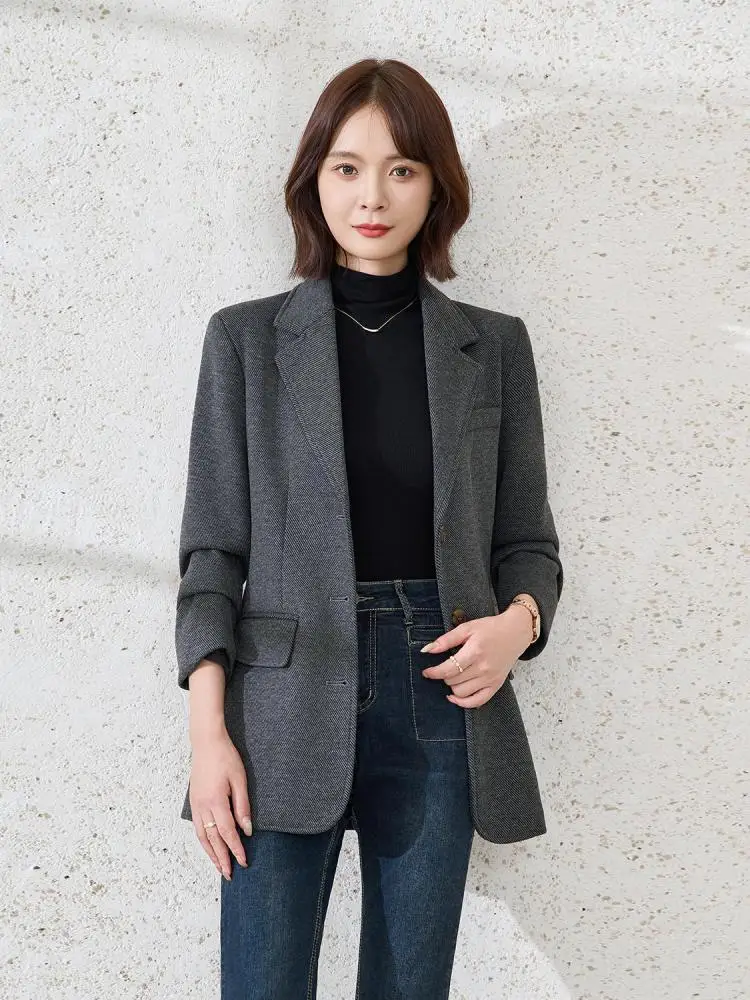 

Корейский модный женский элегантный офисный женский пиджак цвета хаки, осенне-зимний серый однобортный пиджак богини с длинными рукавами, популярный