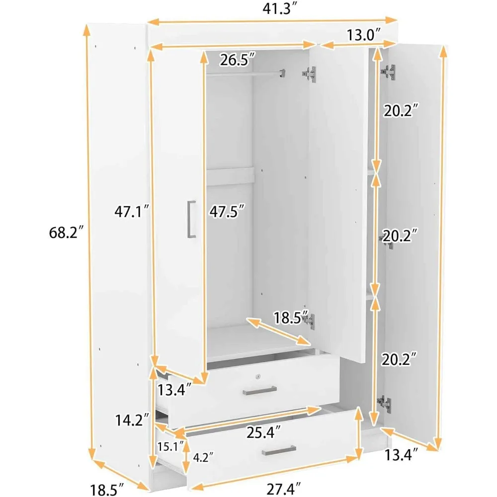 Wooden 3-Door Wardrobe Closet with 2 Drawers & Shelves and Hanging Rail, Freestanding High Armoire, Clothes Storage Cabinet