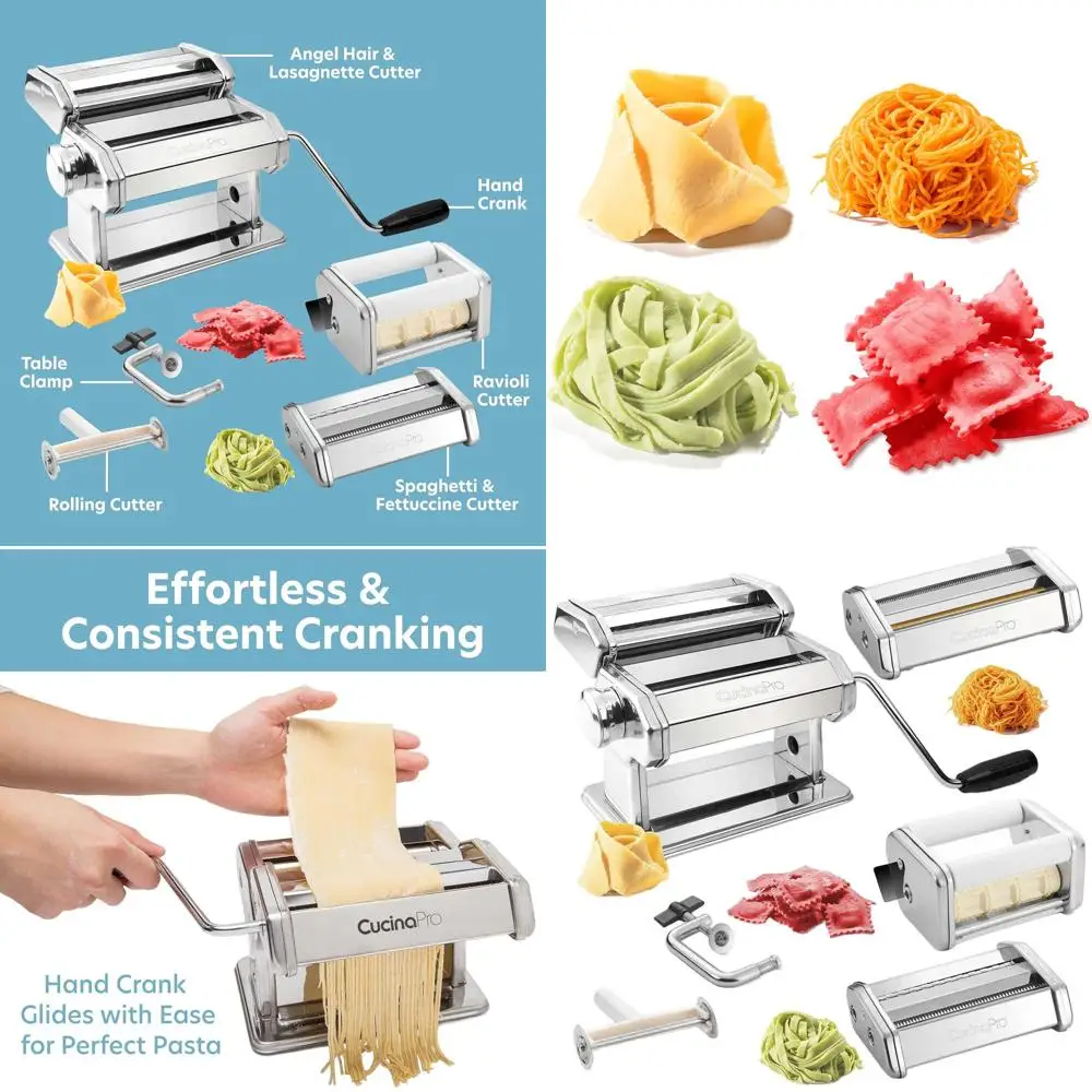 

Stainless Steel Pasta Machine Deluxe Set - 3 Attachments for 5 Pasta Types: Spaghetti, Fettuccine, Angel Hair, Ravioli, Lasagnet