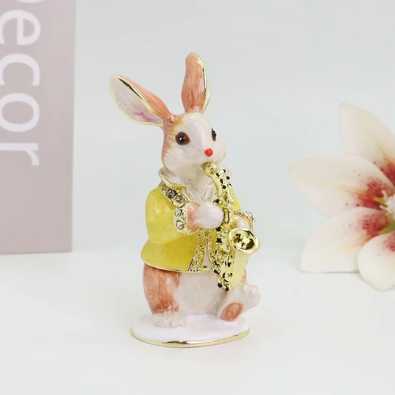 SHINNYGIFTS Cloisonne Metal Art Craft Saxophone Rabbit Jewelry Box Christmas Gift Desktop Mini Ornament