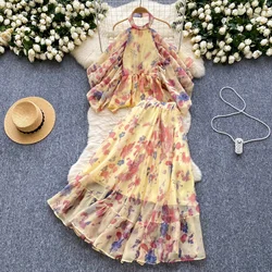 Chic Print Women Two-Piece Sets Vintage Halter Backless Zipper Top High Waist Long Skirt French High Street Summer Clothing