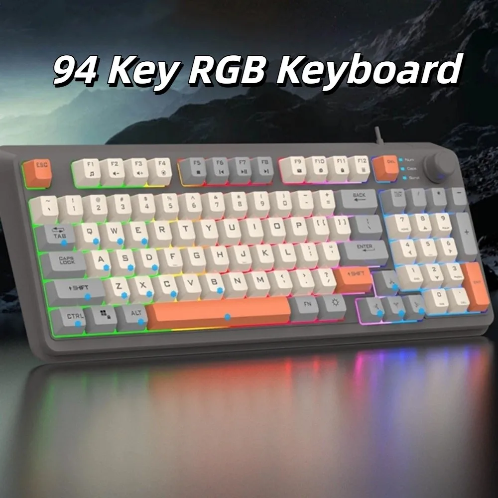 

Механическая проводная RGB-клавиатура с подсветкой, независимая ручка, регулируемая громкость, 94-клавишная RGB-клавиатура, разноцветный дизайн, светящаяся