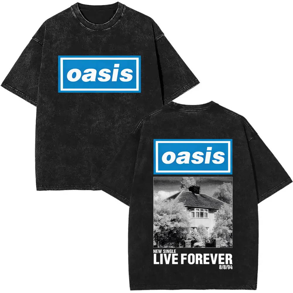 

Washed Vintage Rock Band O-Oasis Live Forever T-shirt Men Women Clothing Cotton Casual Short Sleeve T Shirt Oversized Streetwear