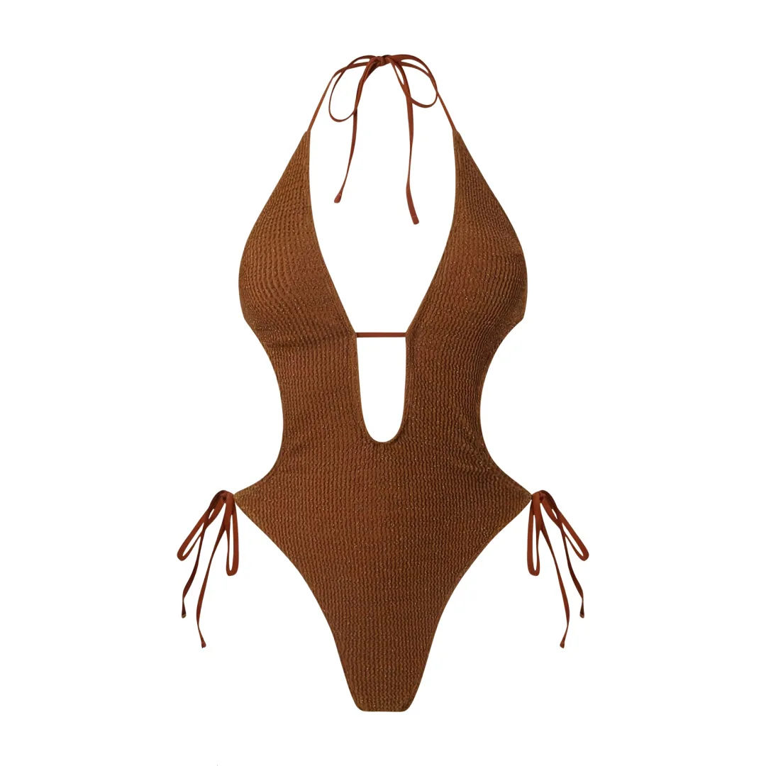 

Vintage Sexy Deep V Tie-up Halter Backless Bikini Women's Swimsuit Amazon Fashionable Retro One-Piece Swimwear
