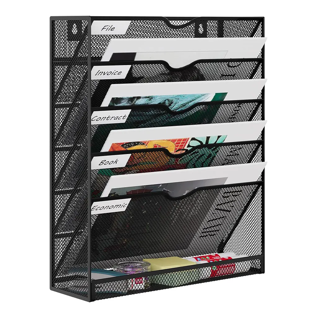 Metal Mesh 6-Tier File Organizer, Wall Mount or Desktop Document Rack with Easy-Access Angled Slots and Bottom Tray for Office