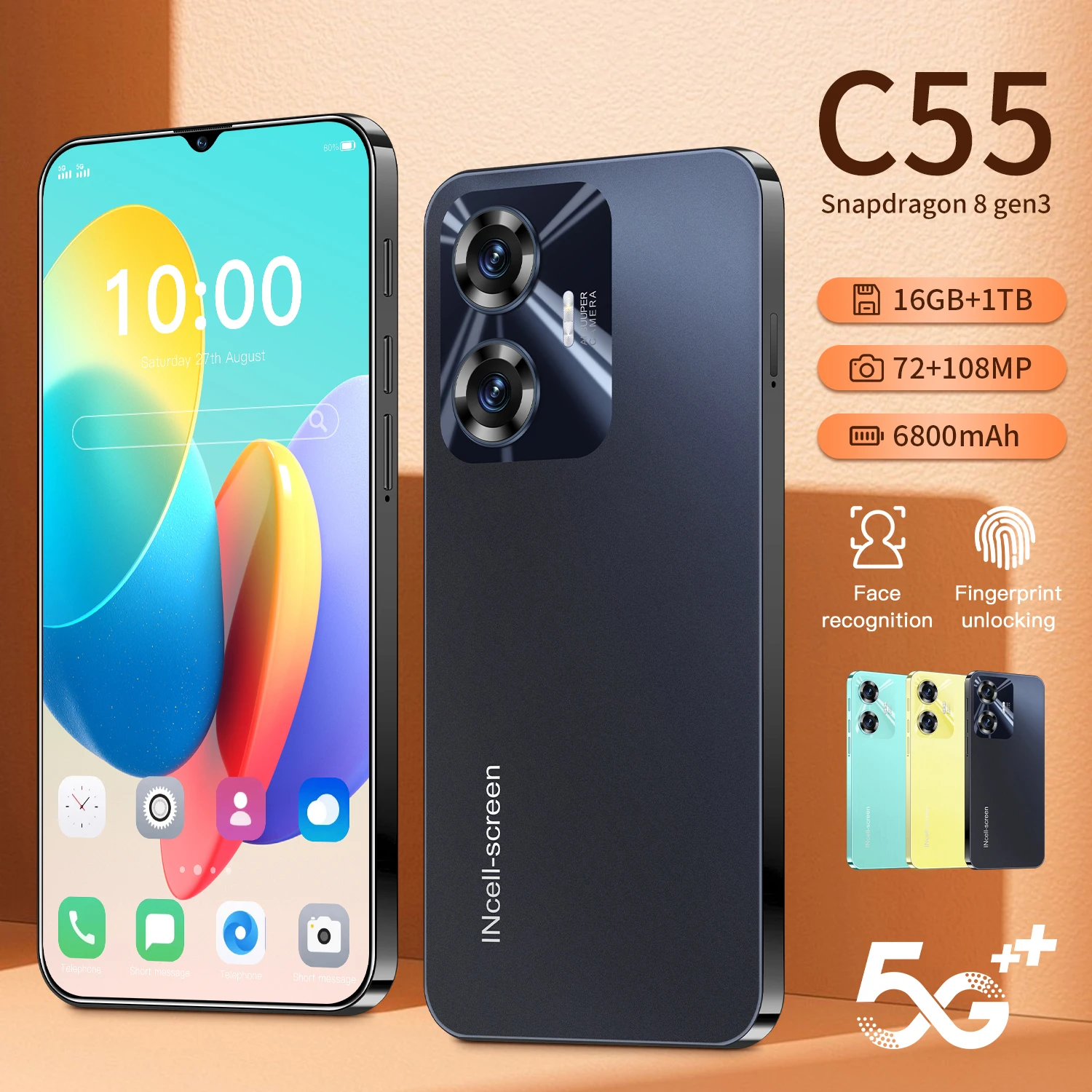 Cellphones C55 6.8Inch 4G 5G Dual SIM Original Smartphone 6800mAh Cell Phone Android 14 Global Version 72MP+108MP Mobile Phones