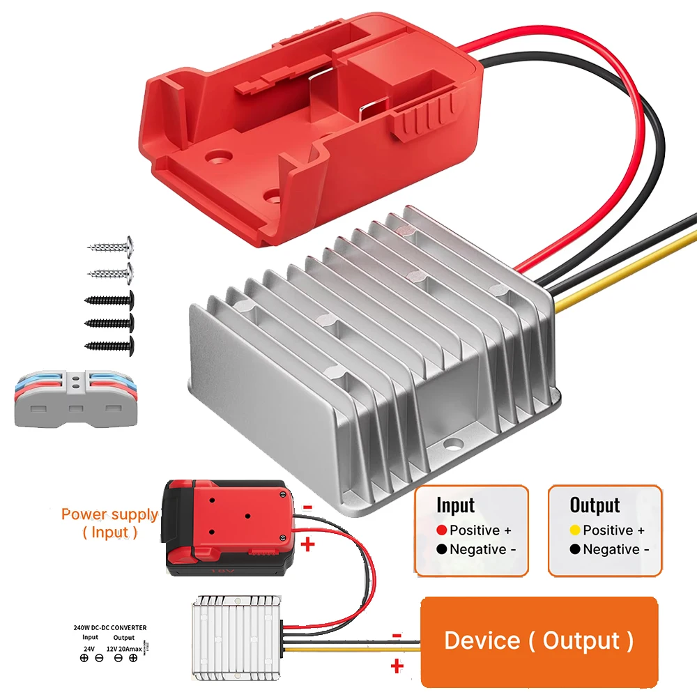 

18V To 12V Step Down Voltage Converter For Milwaukee M18 Power Wheels Battery Adapter, DC 12V 20A 240W 2-Pin