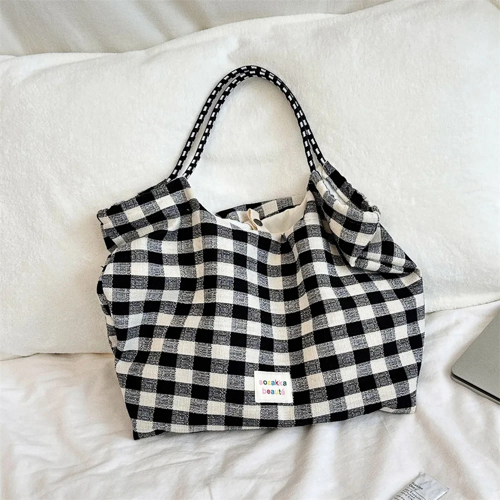 Casual Plaid  Women Shopping Bag Large Capacity Ladies Daily Tote Handbags Cotton Cloth Double-sided Girls Shoulder Bags