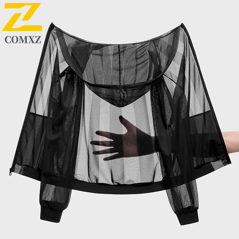 Summer Mesh Jacket Men Sun Protection Clothing Outdoor Trendy Sports Lightweight Breathable Hooded Top Fishing Quick Drying Coat