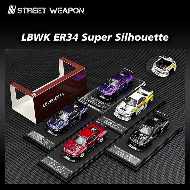 Street Weapon 1:64 LBWK Skyline GTR ER34 Super Silhouette Chameleon Opened Hood Diecast Diorama Car Model Collection