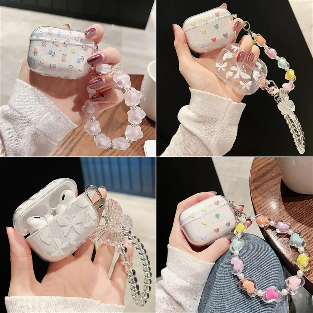 Crystal Butterfly Pendant Love Flower Bead Bracelet for Apple airpods 1/2/3 Soft TPU case For Airpods Pro 2nd Earphone Cover