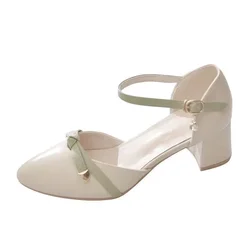 Sapatos Femininas Women Fashion Round Toe Bow Tie High Quality Beige Pu Leather Office Square Heel Shoes Lady Career Shoes B126