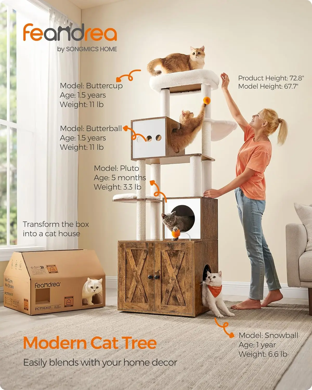 Cat Tree with Litter Box Enclosure, 2-in-1 Modern Cat Tower, 72.8-Inch Tall Cat Condo with Scratching Posts, Perch, Caves,Basket