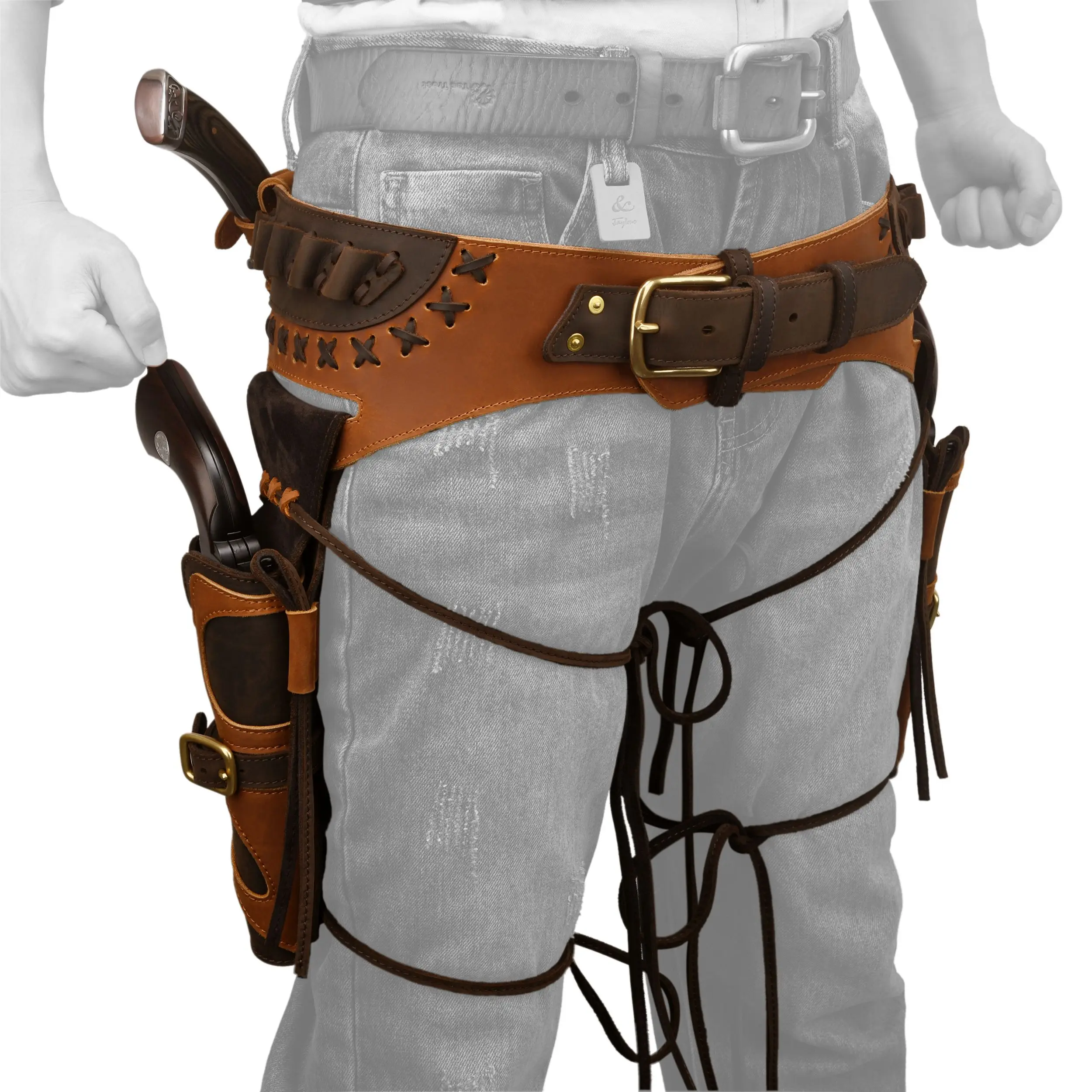 

New Western Gun Belt Holster with Dual Hand Leather Revolver Combo Set fit .45-70/.40/.44 Colt, Cowboy Costume