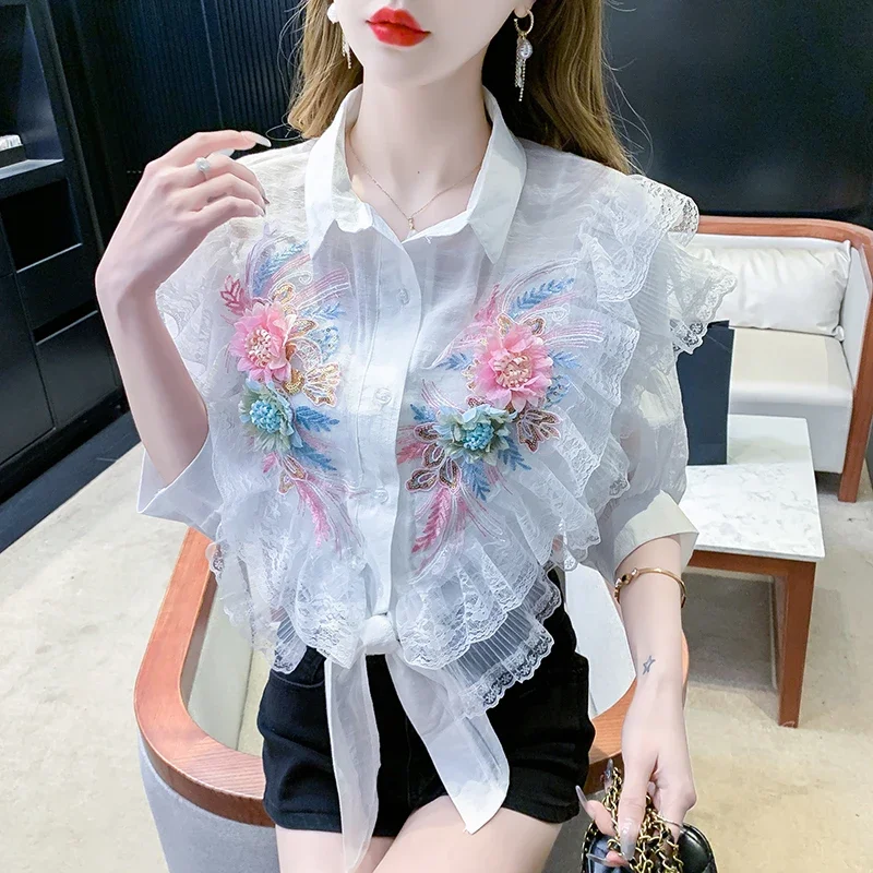 Chiffon Vintage Women Blouses Summer Appliques Women\'s Shirts Lace Patchwork Clothing Sales Loose Short Sleeve Ruffles Tops