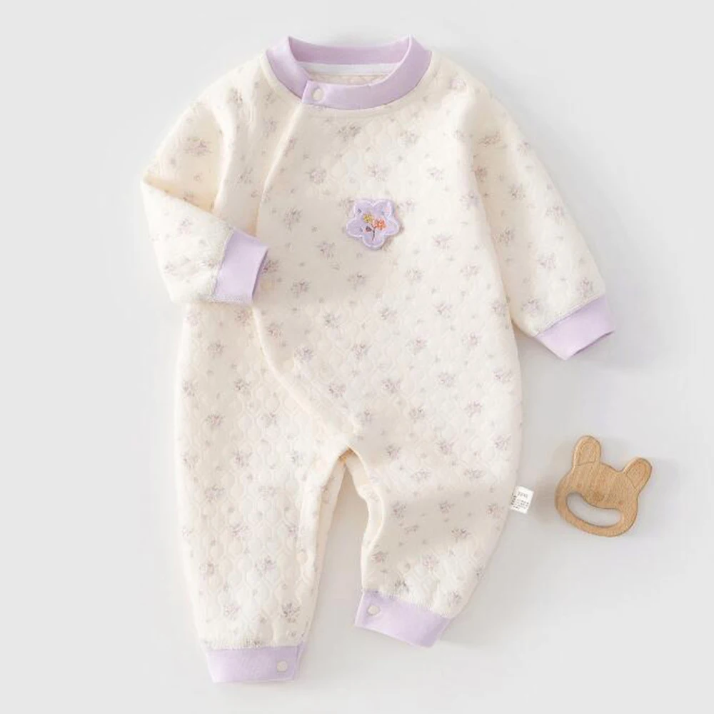 

Baby Girl Onesies Long Sleeve Floral Quilted Warm Spring Autumn Winter Newborn Clothing First Birthday Infant Romper
