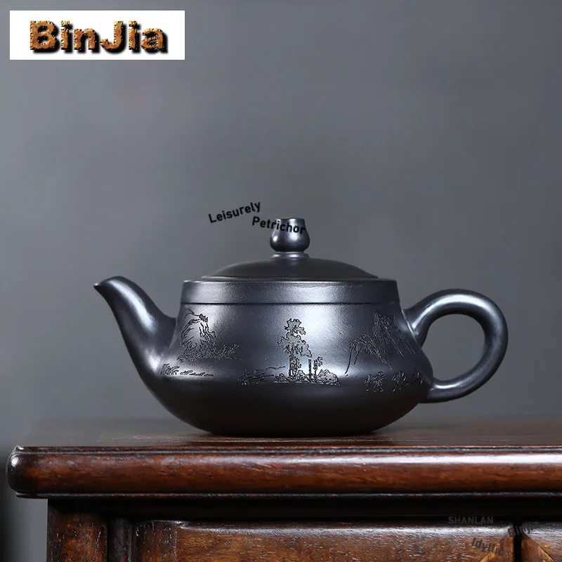 

300 мл антикварные чайники из фиолетовой глины Исин, резьба ручной работы, пейзажный горшок, необработанная руда, желтый грязевой чайник, чайный сервиз Zisha, посуда