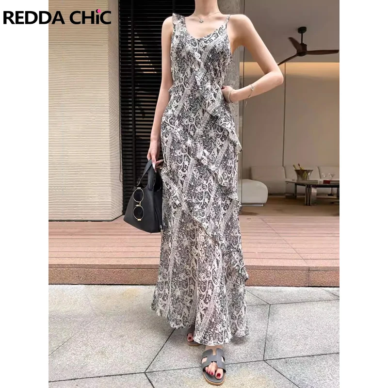

ReddaChic Women Summer Plunge Long Dress Chiffon Print V Neck Spaghetti Strap Irregular Ruffle One-piece Boho Holiday Beachwear