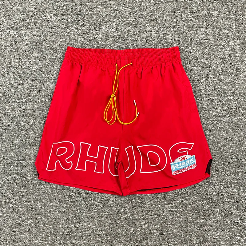 New RHUDE Unisex Casual Shorts Big Letter Graphic Patch Badge Elastic Waist Bottoms