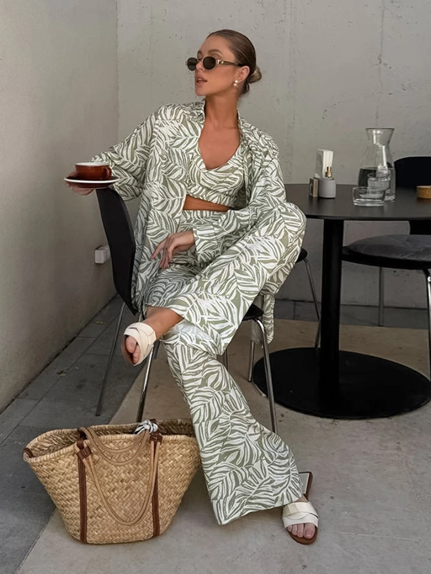 Marthaqiqi Printing Women Pajama Suit Long Sleeve Robe Turn-Down Collar Sleepwear Tank Top Nightwear Pants Nightgown 3 Piece Set