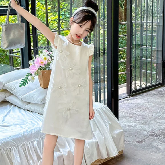 Girls Dress 2024 Summer New Childrens Wear Foreign Sweet Three-dimensional Flower Vest Flying Sleeve Princess Dress Casual image 6
