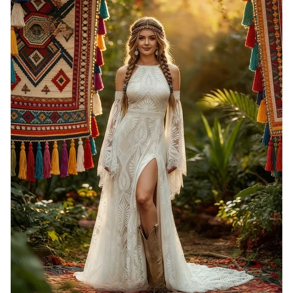 Customized Boho Halter Neck Detachable Bell Sleeves A-line Wedding Dresses Full Lace Appliques Front Slit Zipper Bridal Gowns