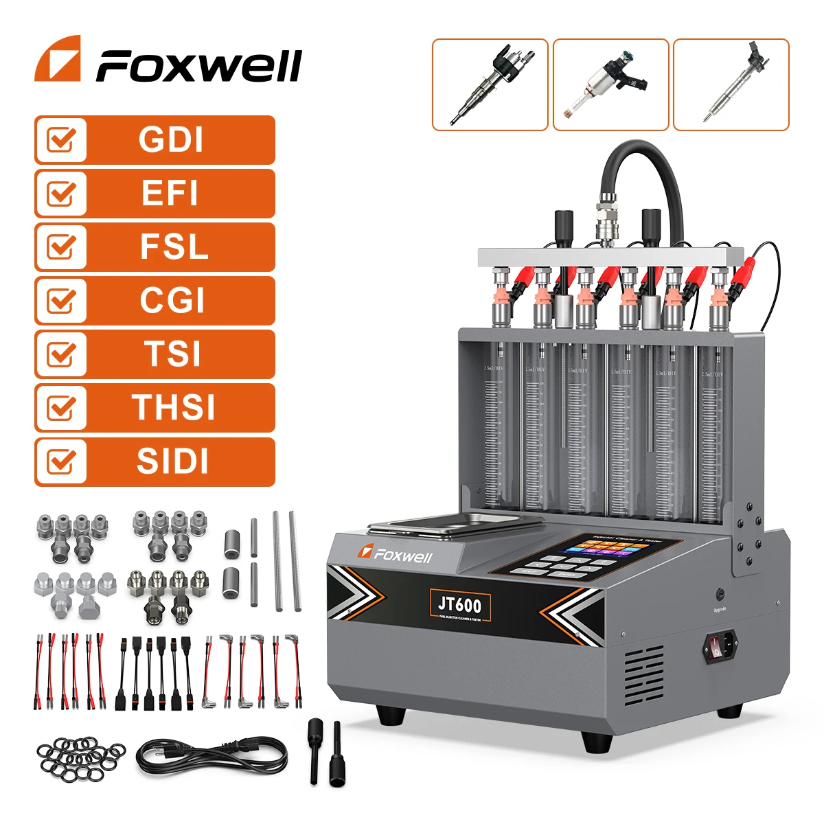 

FOXWELL JT600 Injector Cleaner Tester GDI, EFI, FSI 6 Cylinder Ultrasonic Fuel Injection Cleaner Machine for Car Motocycle