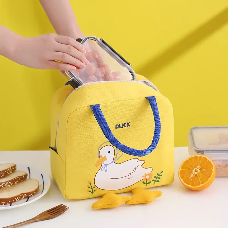 Cute Little Yellow Duck Lunch Bag Portable Insulated Canvas Cooler Bag Cartoon Pattern Thermal Food Picnic Lunch Bag for Women