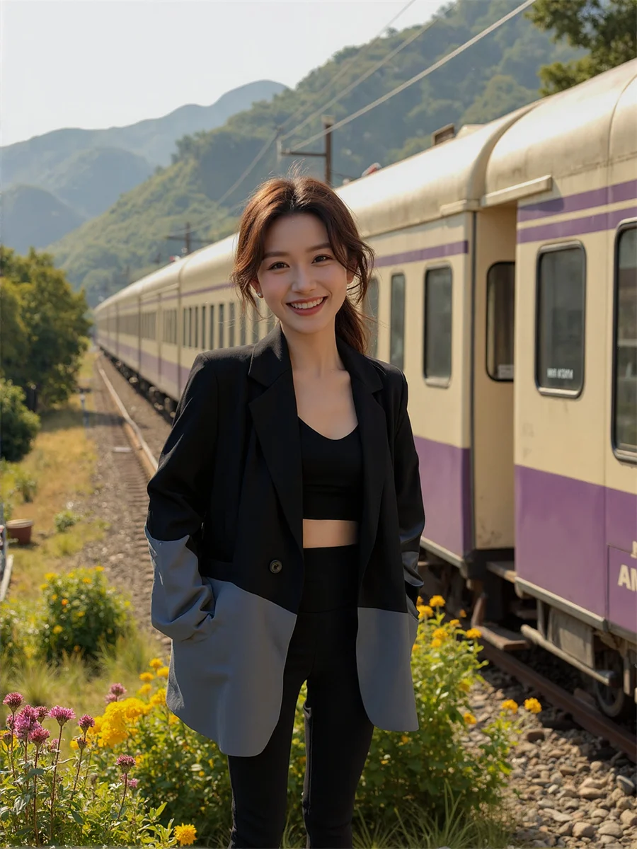 

Женский пиджак-блейзер оверсайз в стиле пэчворк с отложным воротником, оранжевый, прозрачный, облегающий на талии, коллекция 2025 года, минимализм