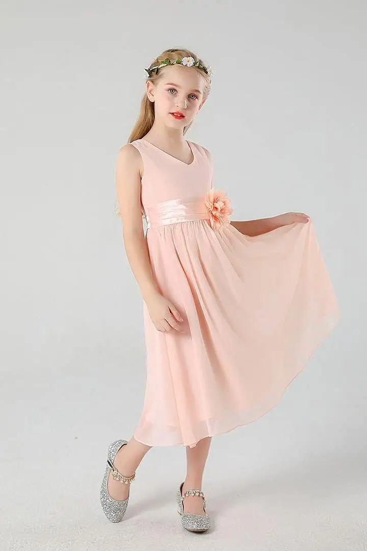 A-Line Junior Bridesmaids V-Neck Chiffon Dress Flower Girl Wedding Dress for Girls Elegant Flower Girl Attire