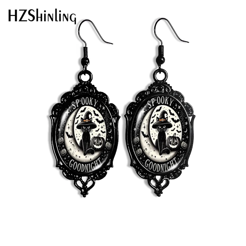 2024 New Green Moon Cat Dangle Earring Halloween Black Lace Earrings Oval Glass Photo Jewelry Gifts Party