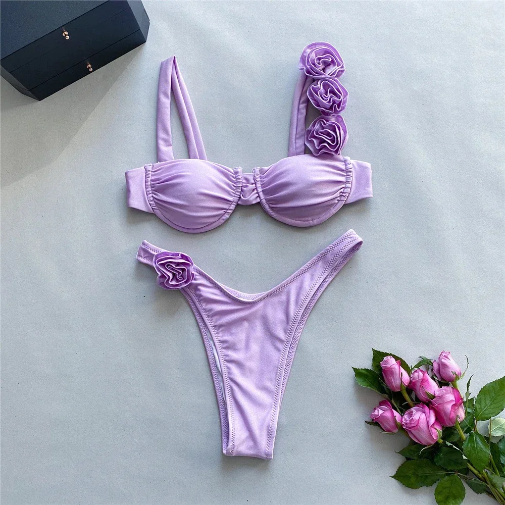 Maillot de bain à armatures pour femmes, ensemble deux pièces, bikini, soutien-gorge push up, culotte taille haute, déformable, rose brillant, sexy, 2024